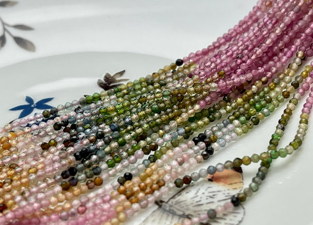2 mm AAA Natural Micro Faceted Round Gemmy Tourmaline Beads Top Quality Black Green Pink Gold Blue Tourmaline 15.5 Inches #4027