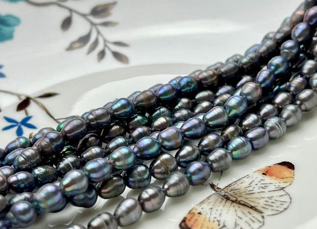 5x7 mm B Grade Dark Peacock Color Freshwater Pearls Long Rice/Oval Shape Pearl Beads Genuine Freshwater Rice Pearls #P2033