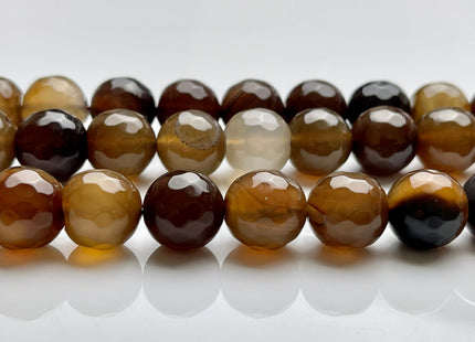 14 mm Faceted Round Fire Agate Gemstone Beads Heat Treated Multi Gray And Brown Color 15.5 Inches Strand #4073