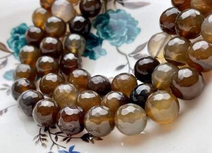 14 mm Faceted Round Fire Agate Gemstone Beads Heat Treated Multi Gray And Brown Color 15.5 Inches Strand #4073