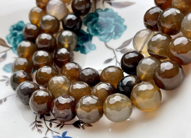 14 mm Faceted Round Fire Agate Gemstone Beads Heat Treated Multi Gray And Brown Color 15.5 Inches Strand #4073