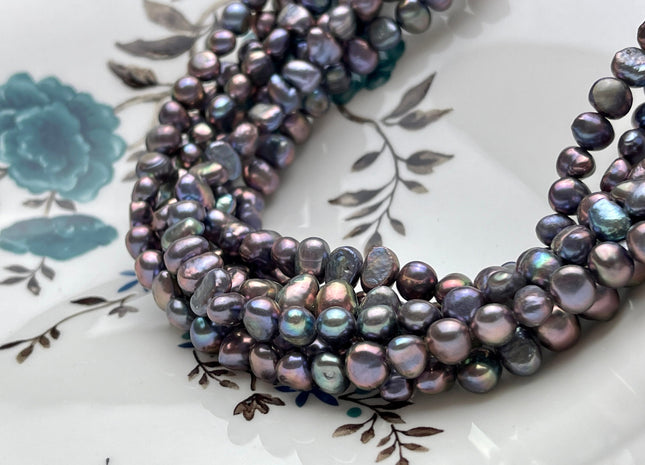 6-8 mm AA Peacock With Iridescent Gray Color Potato Nugget Freshwater Pearl Beads Genuine Cultured Peacock Color Nugget Pearls #P2065