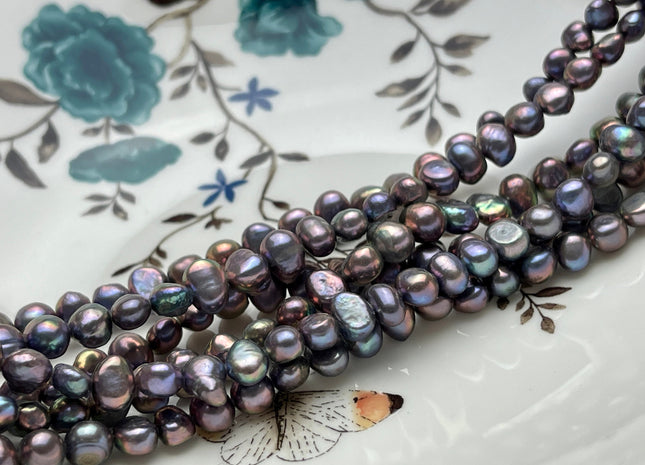 6-8 mm AA Peacock With Iridescent Gray Color Potato Nugget Freshwater Pearl Beads Genuine Cultured Peacock Color Nugget Pearls #P2065