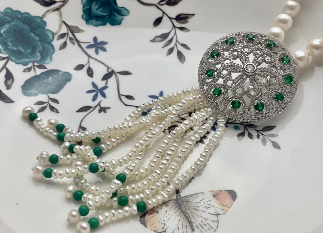 25 Inches Hand Knotted 8mm 10mm AAA Natural White High Luster Round Pearl Necklace W/Rhinestone And Green Turquoise Pearl Tassel #P2085