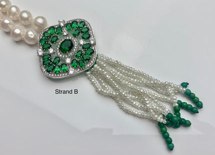 25 Inches Hand Knotted 8mm 10mm AAA Natural White High Luster Round Pearl Necklace W/Rhinestone And Green Turquoise Pearl Tassel #P2085