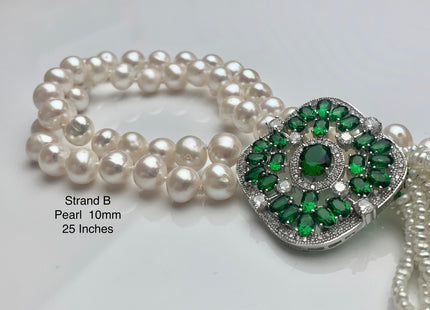 25 Inches Hand Knotted 8mm 10mm AAA Natural White High Luster Round Pearl Necklace W/Rhinestone And Green Turquoise Pearl Tassel #P2085