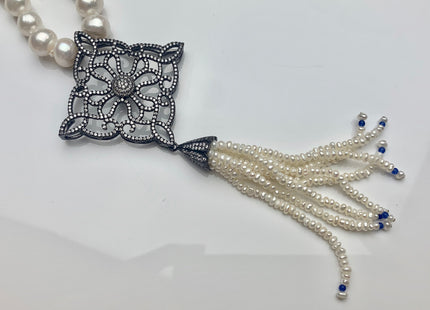 25 Inches Hand Knotted 10mm AAA Natural White High Luster Round Pearl Necklace W/Rhinestone And Seed Pearl Tassel #P2086