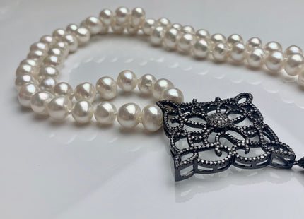 25 Inches Hand Knotted 10mm AAA Natural White High Luster Round Pearl Necklace W/Rhinestone And Seed Pearl Tassel #P2086