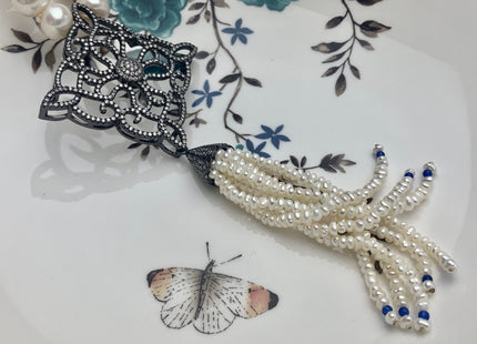 25 Inches Hand Knotted 10mm AAA Natural White High Luster Round Pearl Necklace W/Rhinestone And Seed Pearl Tassel #P2086