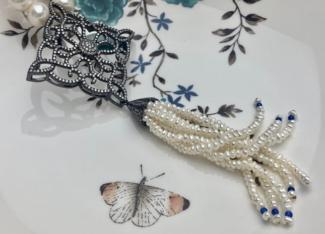 25 Inches Hand Knotted 10mm AAA Natural White High Luster Round Pearl Necklace W/Rhinestone And Seed Pearl Tassel #P2086