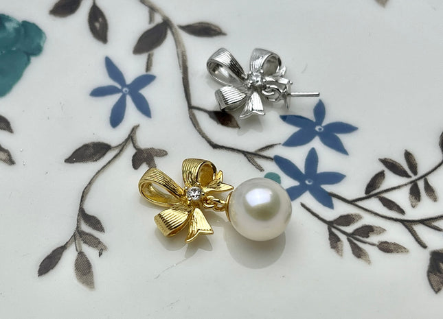 One Piece 925 Sterling Silver/Gold Pendant Setting Findings For Half Drilled Pearls Bowtie Design Pearl Mounting DIY Jewelry #10259