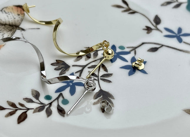 One Pair 925 Sterling Silver/Gold Setting Findings For Half Drilled Pearls Ribbon Shape Design Sterling Silver Earring Findings #10261