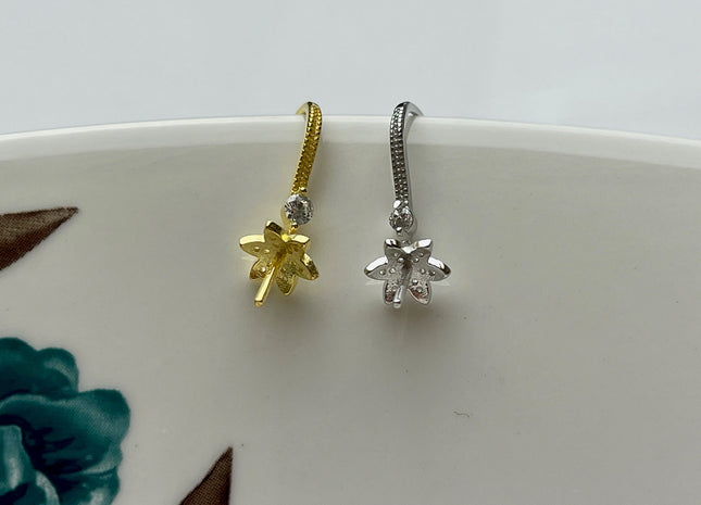 One Pair 925 Sterling Silver/Gold Simple Hook Earring Setting Flower Shape Earring Hook Findings For Half Drilled Pearls #10241
