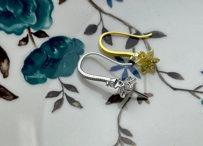 One Pair 925 Sterling Silver/Gold Simple Hook Earring Setting Flower Shape Earring Hook Findings For Half Drilled Pearls #10241