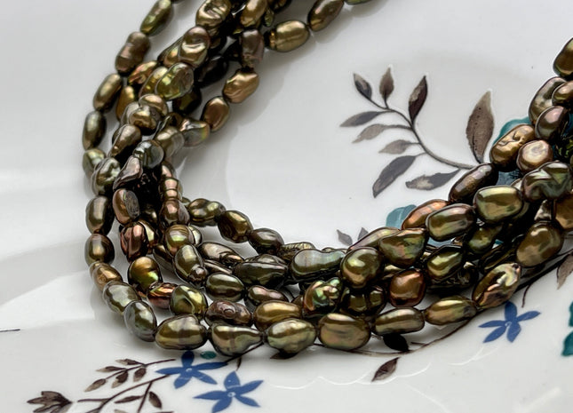 5-6x8-11mm Green Copper Color Keshi Freshwater Pearls Beads Genuine Keshi Rice Nugget Shape Green Copper Keshi Freshwater Pearl Beads #P1941