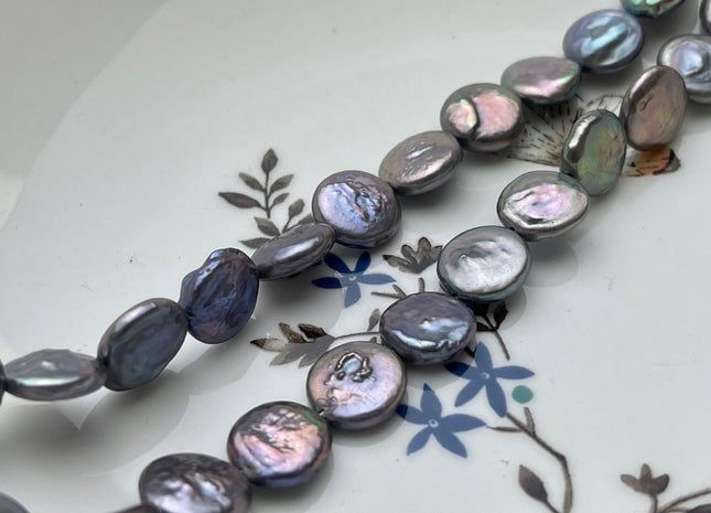 11-12 mm Dark Silver Gray Color With Pink Sheen Coin Freshwater Pearl Beads Genuine Silver Gray Flat Coin Freshwater Pearl Beads #P1987