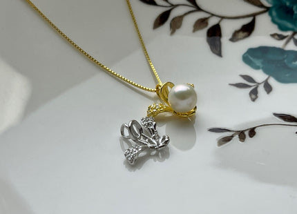One Piece 925 Sterling Silver/Gold Pendant Setting Findings For Half Drilled Pearls Leaf Petal Shape Design W/CZ Silver Pendant #10257