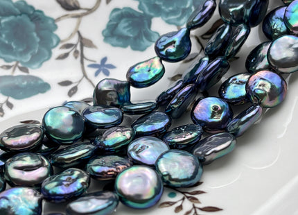 12-13 mm AA Blue Peacock Color Flat Coin Freshwater Pearl Beads Genuine High Luster Cultured Freshwater Coin Pearls 31 Beads #P2018