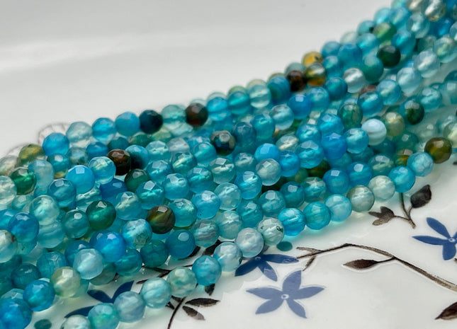 4 mm Faceted Round Agate Gemstone Beads Apatite Blue and Brown Color Genuine Agate Gemstone Loose Beads #4018