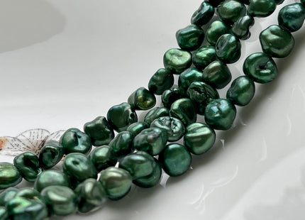 8-9x9-10 mm AA Dark Forest Green Color Keshi Freshwater Nugget Pearl Beads Center Drilled Keshi Nugget Genuine Green Freshwater Pearl #P2025