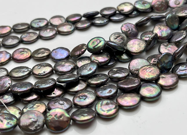 10-11 mm AA Half Strand Gray Peacock Color Flat Coin Pearls Natural Freshwater Coin Pearl Beads Genuine Freshwater Pearls #1461