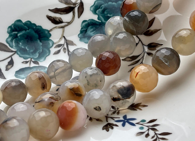 14 mm Faceted Round Fire Agate Gemstone Beads Heat Treated Multi Gray And Brown Color Natural Gemstone Agate 15.5 Inches Strand #4079