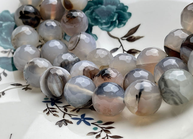 16 mm Faceted Round Fire Agate Gemstone Beads Heat Treated Multi Gray White Brown Color Natural Gemstone Agate 15.5 Inches Strand #4081