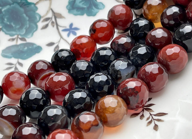 14 mm Faceted Round Fire Agate Gemstone Beads Heat Treated Multi Black And Brown Color Natural Gemstone Fire Agate 15.5 Inches Strand #4084