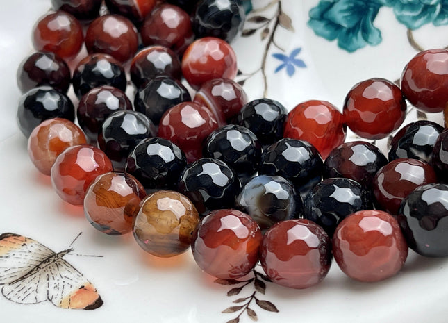 14 mm Faceted Round Fire Agate Gemstone Beads Heat Treated Multi Black And Brown Color Natural Gemstone Fire Agate 15.5 Inches Strand #4084