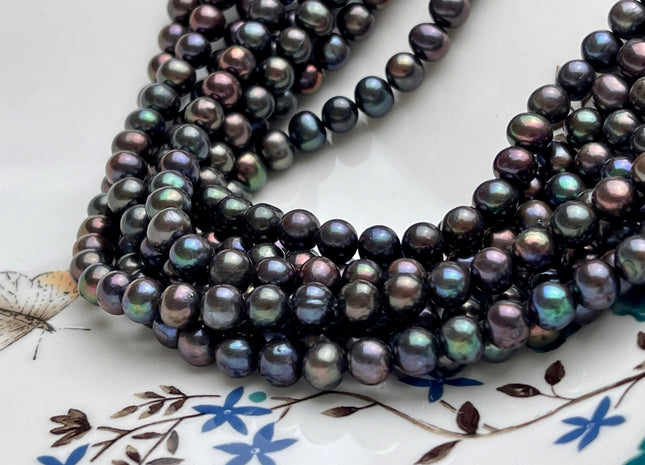6-7 mm AA Dark Peacock Color Potato Freshwater Pearl Bead Genuine High Luster Peacock Off Round Freshwater Pearls #P2053