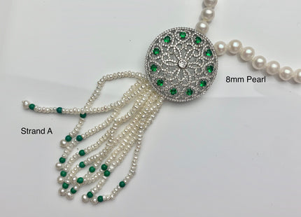 25 Inches Hand Knotted 8mm 10mm AAA Natural White High Luster Round Pearl Necklace W/Rhinestone And Green Turquoise Pearl Tassel #P2085