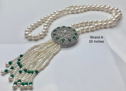 25 Inches Hand Knotted 8mm 10mm AAA Natural White High Luster Round Pearl Necklace W/Rhinestone And Green Turquoise Pearl Tassel #P2085