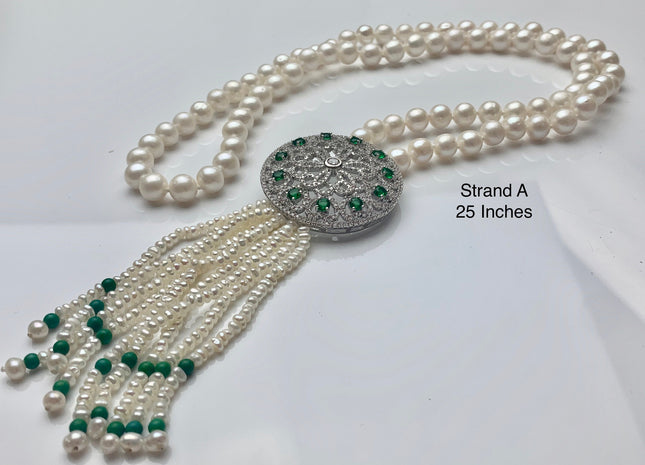 25 Inches Hand Knotted 8mm 10mm AAA Natural White High Luster Round Pearl Necklace W/Rhinestone And Green Turquoise Pearl Tassel #P2085