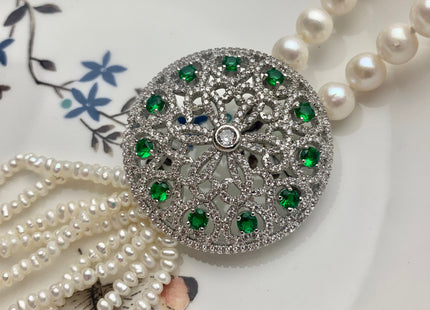 25 Inches Hand Knotted 8mm 10mm AAA Natural White High Luster Round Pearl Necklace W/Rhinestone And Green Turquoise Pearl Tassel #P2085