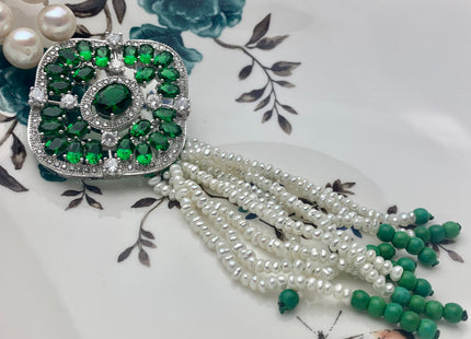 25 Inches Hand Knotted 8mm 10mm AAA Natural White High Luster Round Pearl Necklace W/Rhinestone And Green Turquoise Pearl Tassel #P2085
