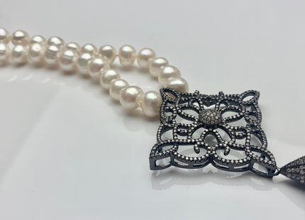 25 Inches Hand Knotted 10mm AAA Natural White High Luster Round Pearl Necklace W/Rhinestone And Seed Pearl Tassel #P2086