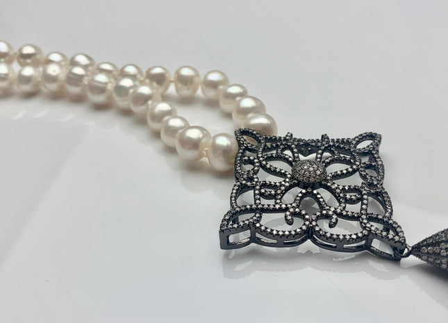 25 Inches Hand Knotted 10mm AAA Natural White High Luster Round Pearl Necklace W/Rhinestone And Seed Pearl Tassel #P2086