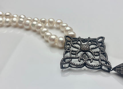 25 Inches Hand Knotted 10mm AAA Natural White High Luster Round Pearl Necklace W/Rhinestone And Seed Pearl Tassel #P2086