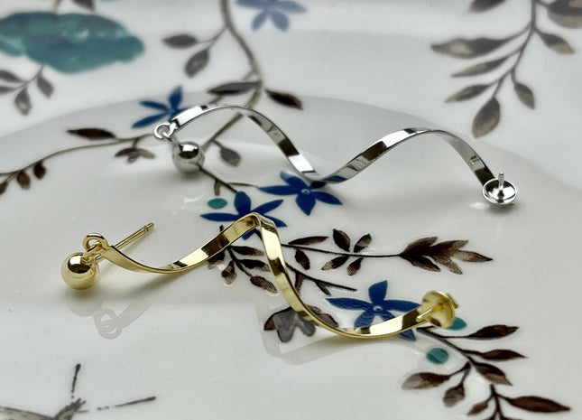 One Pair 925 Sterling Silver/Gold Setting Findings For Half Drilled Pearls Ribbon Shape Design Sterling Silver Earring Findings #10261