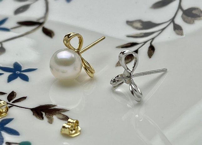 One Pair 925 Sterling Silver/Gold Setting Findings For Half Drilled Pearls Fan Shape Design Sterling Silver Earring Findings #10262