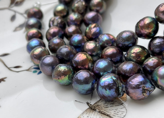 11-12 mm AAA Half Strand Large Hole Rainbow Peacock Color Baroque Pearl Beads Hole Size 2.2 mm Genuine High Luster Baroque Pearls #P2088