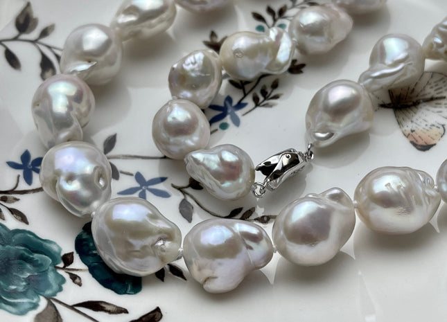 16"/17"/18"/20"/24" AAAA 12x15-15x18mm White Baroque Pearl Necklace Genuine Super High Luster Hand Knotted White Pearl Necklace #P2096