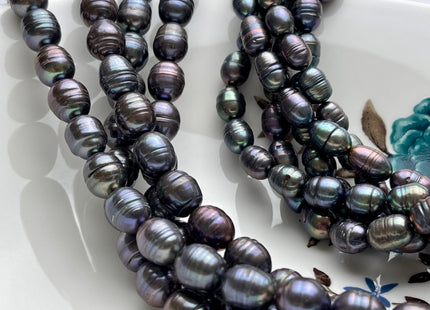 7-9x9-11 mm Dark Gray Peacock Rice/Oval Ringed Freshwater Pearl Beads Genuine Gray Peacock Color Oval Rice Freshwater Pearl Beads P2100