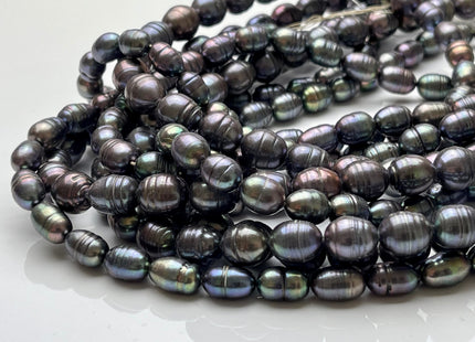 7-9x9-11 mm Dark Gray Peacock Rice/Oval Ringed Freshwater Pearl Beads Genuine Gray Peacock Color Oval Rice Freshwater Pearl Beads P2100