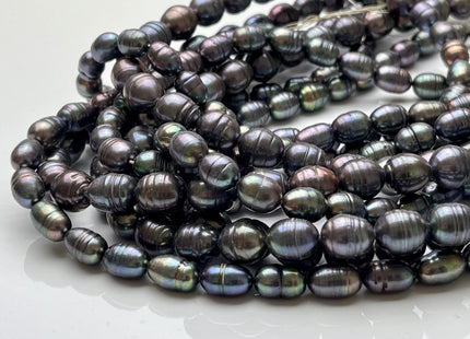 7-9x9-11 mm Dark Gray Peacock Rice/Oval Ringed Freshwater Pearl Beads Genuine Gray Peacock Color Oval Rice Freshwater Pearl Beads P2100