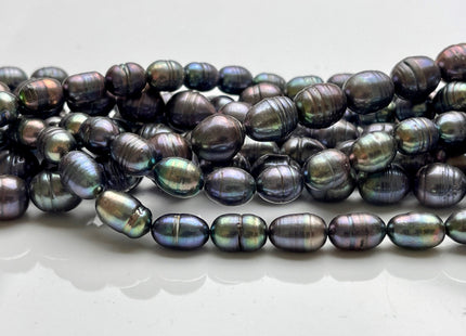 7-9x9-11 mm Dark Gray Peacock Rice/Oval Ringed Freshwater Pearl Beads Genuine Gray Peacock Color Oval Rice Freshwater Pearl Beads P2100