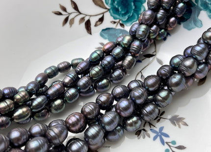 7-9x9-11 mm Dark Gray Peacock Rice/Oval Ringed Freshwater Pearl Beads Genuine Gray Peacock Color Oval Rice Freshwater Pearl Beads P2100