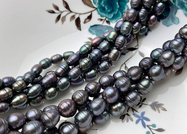 7-9x9-11 mm Dark Gray Peacock Rice/Oval Ringed Freshwater Pearl Beads Genuine Gray Peacock Color Oval Rice Freshwater Pearl Beads P2100