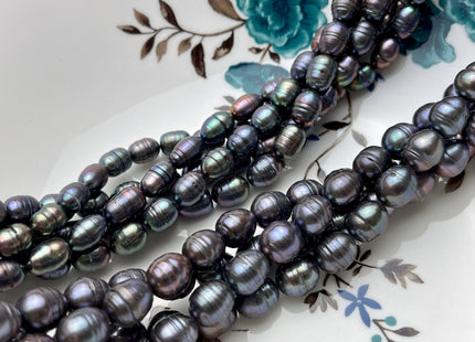 7-9x9-11 mm Dark Gray Peacock Rice/Oval Ringed Freshwater Pearl Beads Genuine Gray Peacock Color Oval Rice Freshwater Pearl Beads P2100