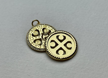 St Benedict Medallion Charms for Necklace Jewelry Making, 18K Gold Filled Charm Medallion Pendant With CZ Crystals, One Piece #CR0014